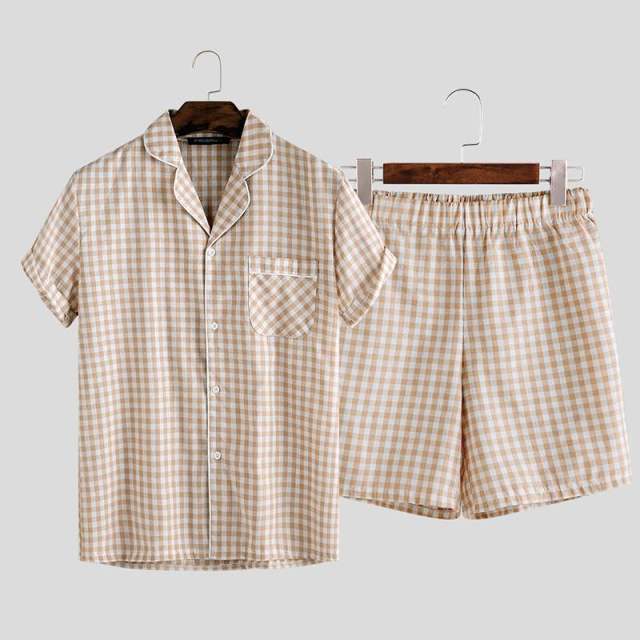 Summer Mens Pajamas Sets Plaid Lapel Cotton Button Short Sleeve Sleepwear Tops Shorts Soft Unisex Pyjamas Suit Homewear INCERUN