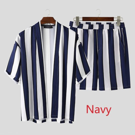 INCERUN Summer Men Striped Sets Streetwear Loose Open Stitch Short Sleeve Shirt Fashion Shorts Beach Breathable Casual Mens Sets