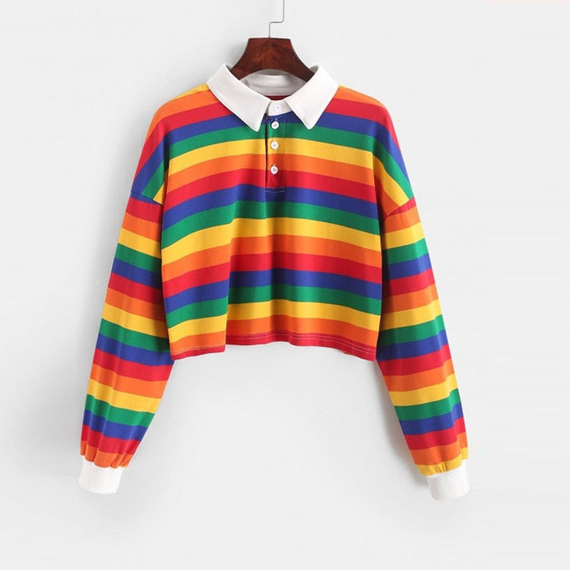 QRWR 2020 Polo Shirt Women Sweatshirt Long Sleeve Rainbow Color Ladies Hoodies With Button Striped Korean Style Sweatshirt Women