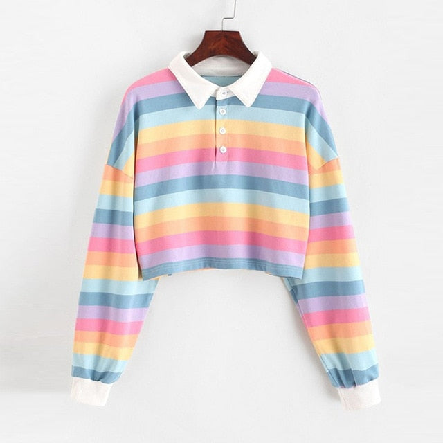 QRWR 2020 Polo Shirt Women Sweatshirt Long Sleeve Rainbow Color Ladies Hoodies With Button Striped Korean Style Sweatshirt Women