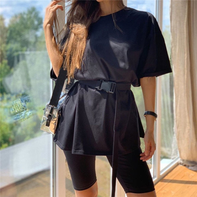 Casual Solid Outfits Women's Two Piece Suit With Belt Home Loose Sports Tracksuits Fashion Leisure Bicycle Suit Summer
