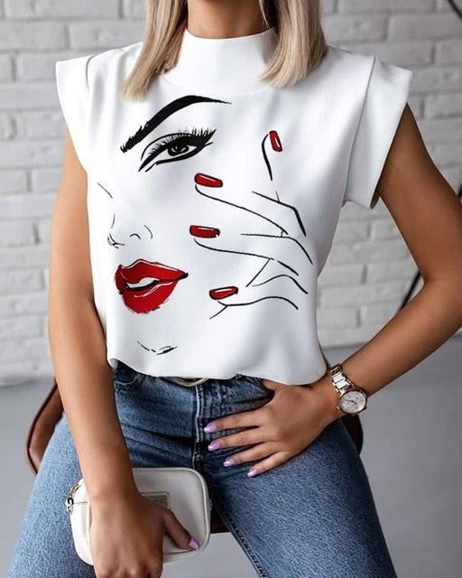 Hirigin 2020 Fashion Women Elegant Lips Print Tops Blouse Shirts Summer Ladies Office Casual Stand Neck Pullovers Eye Blusa Tops