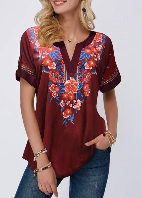 Vintage Women 3D Floral Printed Blouse Summer 2020 Casual V-Neck Patchwork Tops Shirt Ladies Elegant Loose Blouse 5XL Plus Size