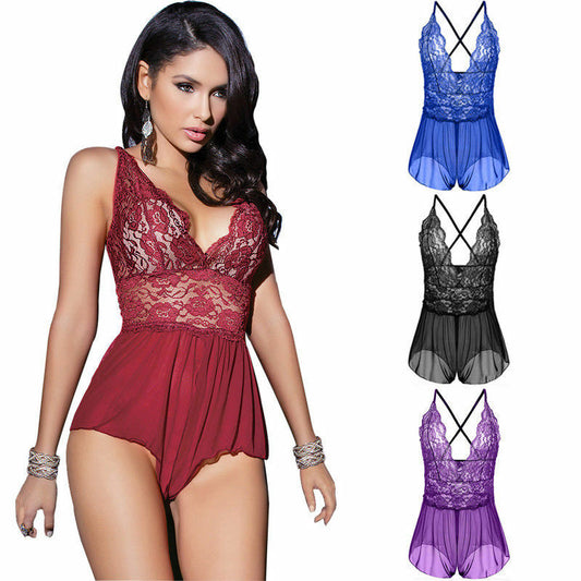 Ladies Women Lace V-neck Sexy Lingerie Bodysuit Jumpsuit Nighty Nightwear Under Sleeveless Bikini Cover Up