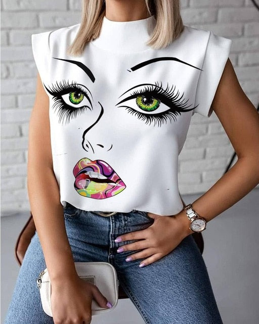 Hirigin 2020 Fashion Women Elegant Lips Print Tops Blouse Shirts Summer Ladies Office Casual Stand Neck Pullovers Eye Blusa Tops