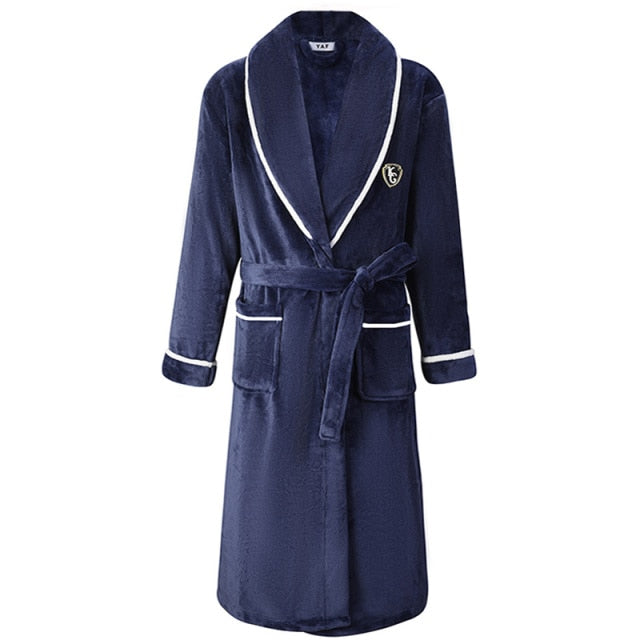 Autumn Winter Nightdress Blue Men Casual Coral Fleece Sleepwear Warm Couple Home Wear Flannel Belt Pyjamas Kimono Bathrobe Gown