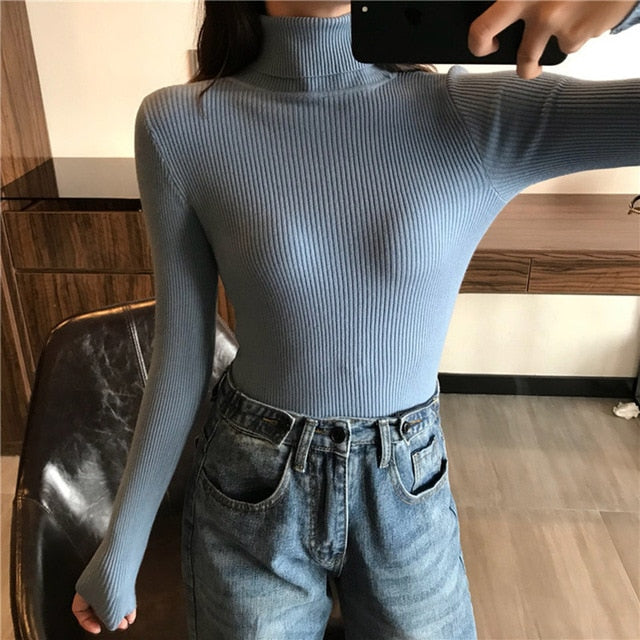 Thick Sweater Women Knitted Ribbed Pullover Sweater