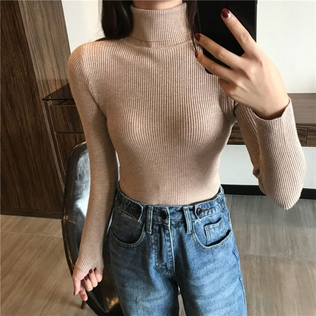 Thick Sweater Women Knitted Ribbed Pullover Sweater