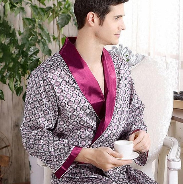 Men's Robe Nightgown Satin Kimono Bathrobe Gown Casual Sleepwear Plus Size Print Gold Home Dressing Gown 3XL 4XL 5XL