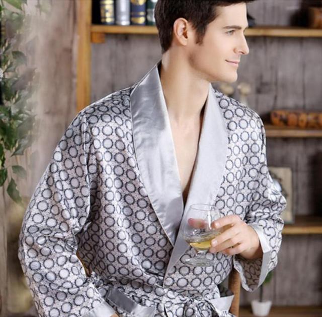 Men's Robe Nightgown Satin Kimono Bathrobe Gown Casual Sleepwear Plus Size Print Gold Home Dressing Gown 3XL 4XL 5XL