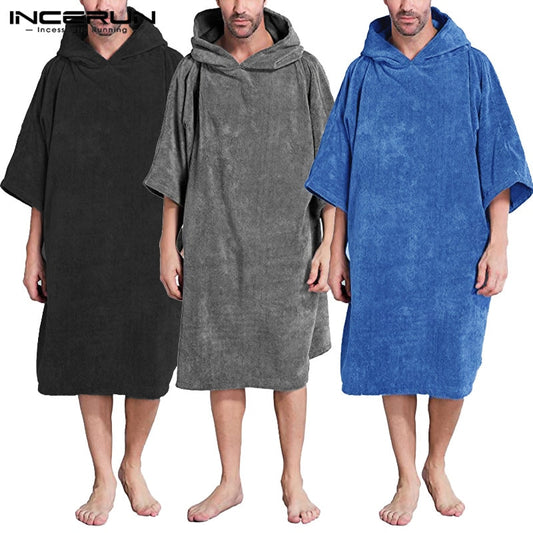 Men Bathrobes Homewear Hooded Half Sleeve Leisure Towel Robes Comfortable Solid Mens Nightgown Bathrobes Poncho INCERUN S-5XL