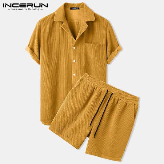 INCERUN Men Corduroy Sets Solid Color Short Sleeve Lapel Button Shirts & Shorts Chic 2021 Streetwear Mens Casual Suits S-5XL