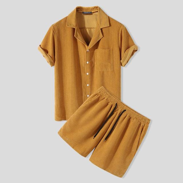 INCERUN Men Corduroy Sets Solid Color Short Sleeve Lapel Button Shirts & Shorts Chic 2021 Streetwear Mens Casual Suits S-5XL