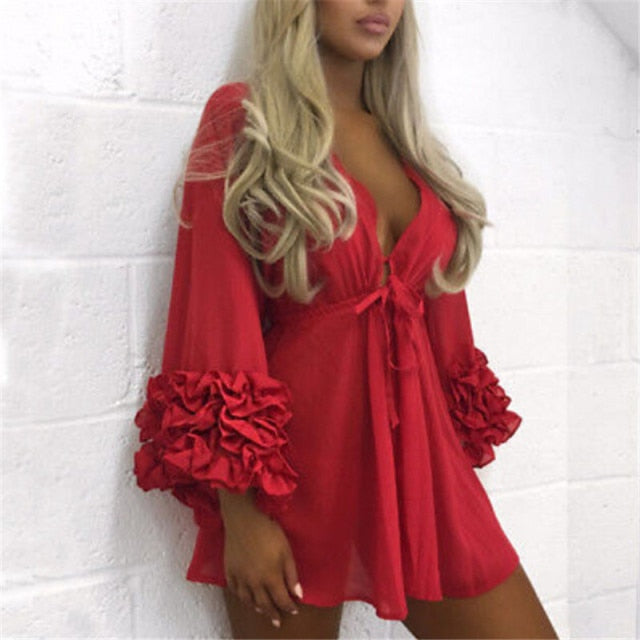 Summer Puff Sleeve Beach Dress Women Beachwear Swimwear Bikini Cover Up Tunic Kaftan Pareo Ladies Boho Robe