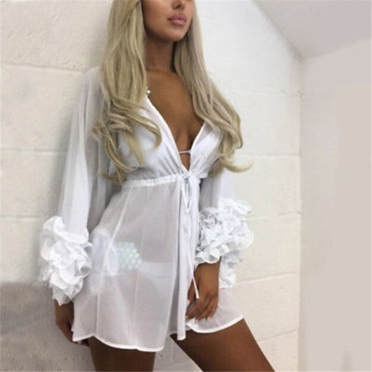 Summer Puff Sleeve Beach Dress Women Beachwear Swimwear Bikini Cover Up Tunic Kaftan Pareo Ladies Boho Robe