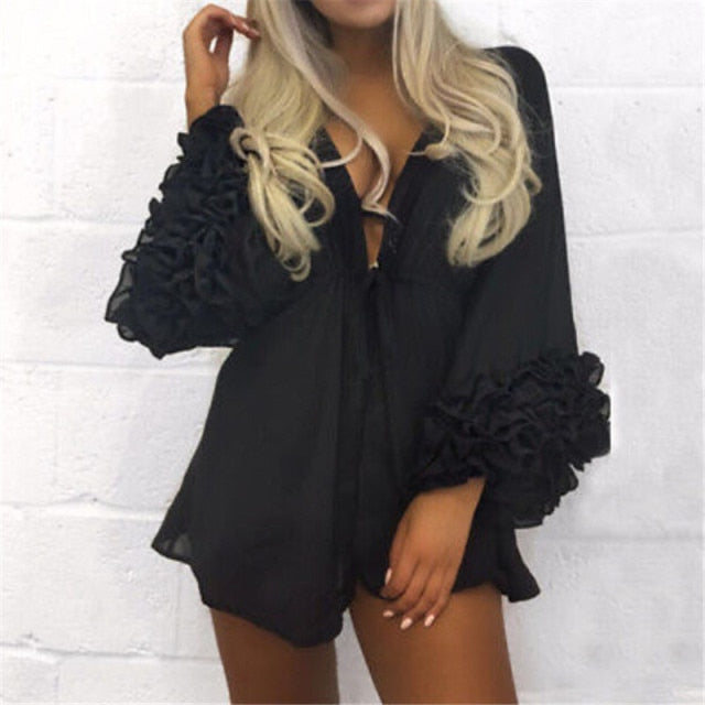 Summer Puff Sleeve Beach Dress Women Beachwear Swimwear Bikini Cover Up Tunic Kaftan Pareo Ladies Boho Robe