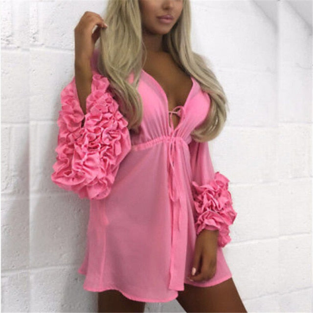 Summer Puff Sleeve Beach Dress Women Beachwear Swimwear Bikini Cover Up Tunic Kaftan Pareo Ladies Boho Robe