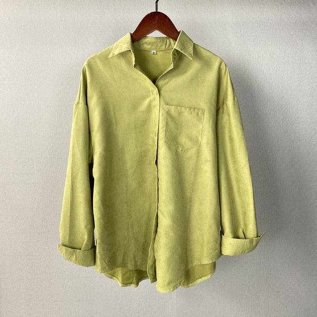 Lizkova White Blouse Women 2021 Long Sleeve Oversized Green Shirt Female Spring Pocket Official Tops Blusas Roupa 8866