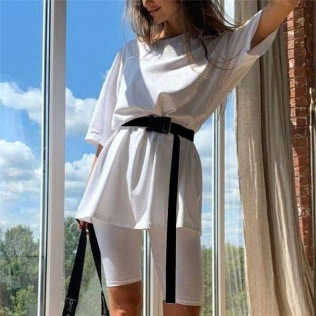 Casual Solid Outfits Women's Two Piece Suit With Belt Home Loose Sports Tracksuits Fashion Leisure Bicycle Suit Summer