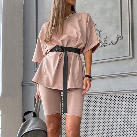 Casual Solid Outfits Women's Two Piece Suit With Belt Home Loose Sports Tracksuits Fashion Leisure Bicycle Suit Summer