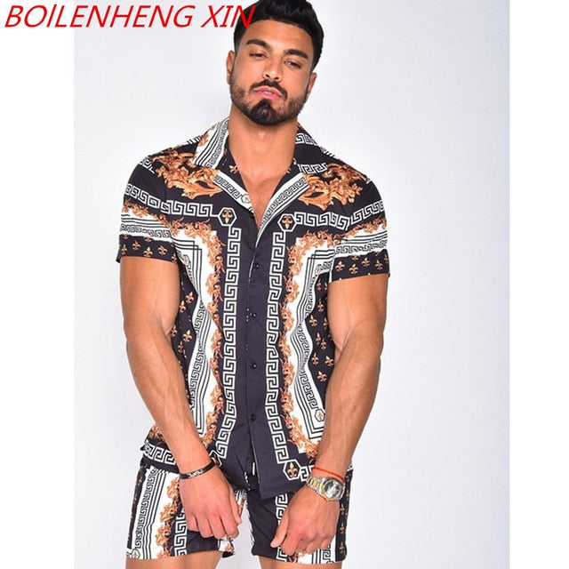 NEW Men Hawaiian Sets Printing 2021 Summer Short Sleeve Button Shirt Beach Shorts Streetwear Casual Mens Suit 2 Pieces INCERUN
