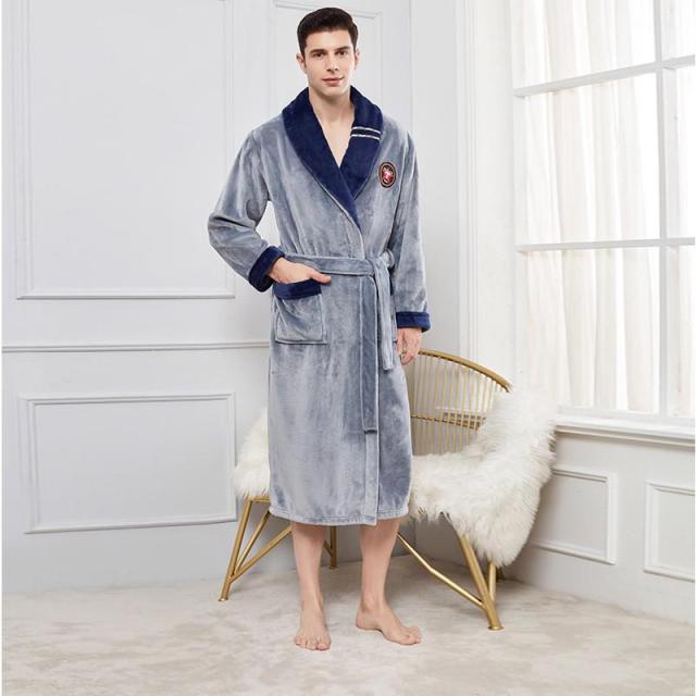 Autumn Winter Nightdress Blue Men Casual Coral Fleece Sleepwear Warm Couple Home Wear Flannel Belt Pyjamas Kimono Bathrobe Gown