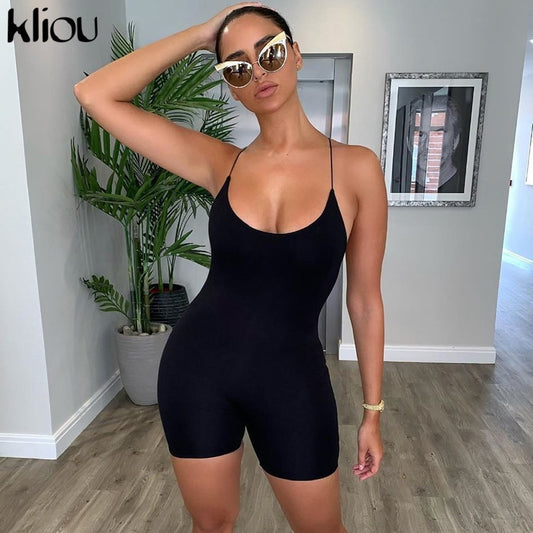 kliou black Skinny Spaghetti Strap sleeveless Street woman Rompers classic bar club Bodycon jumpsuits body femme hot