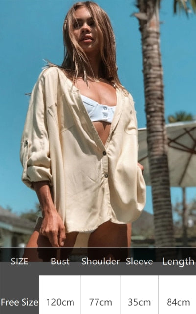 Sexy New Shirt Beach Up White Beach Dress Loose Blouse Tunic Pocket Long Sleeve Swimsuit Cover Up Casual Beachwear