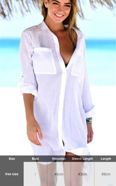 Sexy New Shirt Beach Up White Beach Dress Loose Blouse Tunic Pocket Long Sleeve Swimsuit Cover Up Casual Beachwear