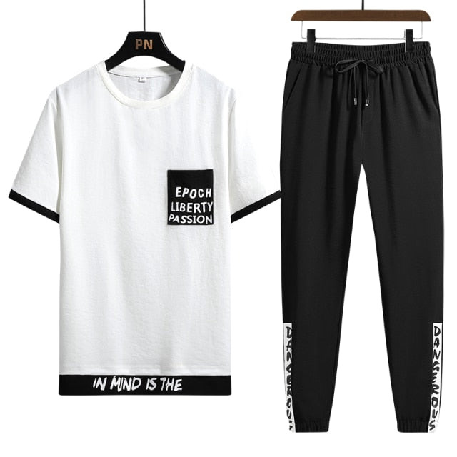 Men's Sets Hip hop Clothes Streetwear Spring Summer Outfit Male T-shirt + Pants Two Pieces Fashion Set Casual Pullover Plus Size