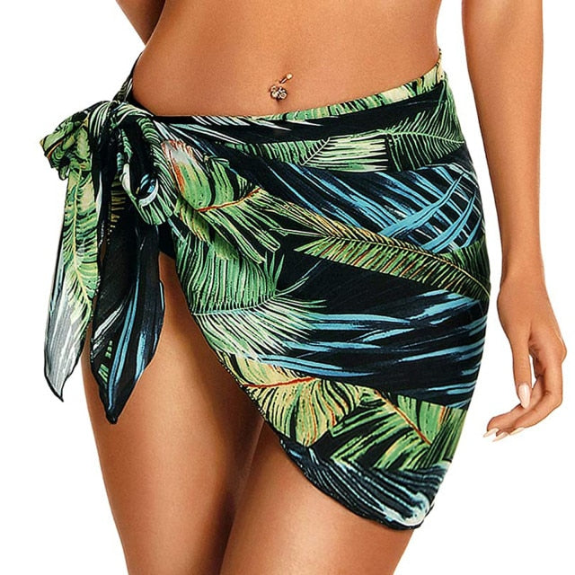Pareo Swimwear Cover Ups Women Leaf Print Skirt Lace-Up Beach Dress Chiffon Skirt Swimming Bikini Beach Cover Ups Beachwear