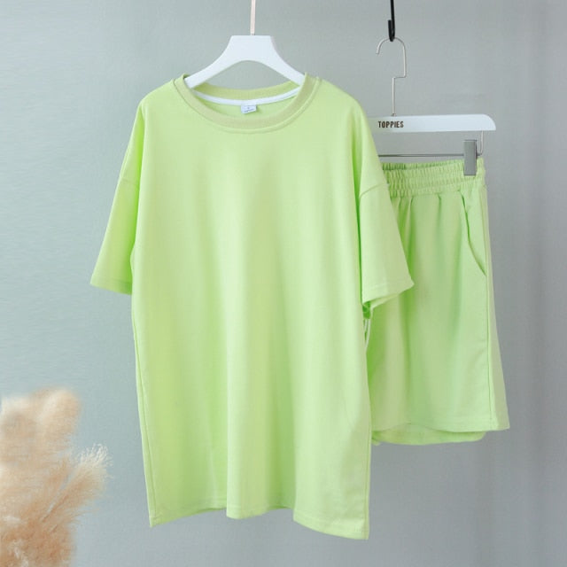 Womens Two Peice Set Cotton Oversized T-shirt and High Waist Shorts