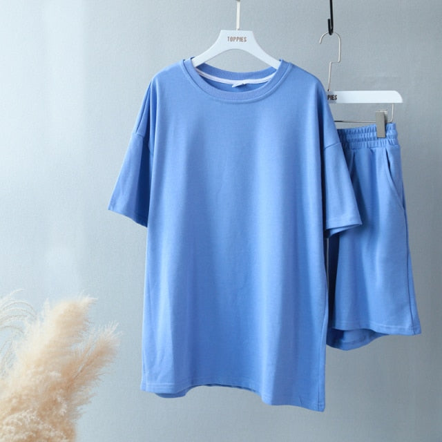 Womens Two Peice Set Cotton Oversized T-shirt and High Waist Shorts