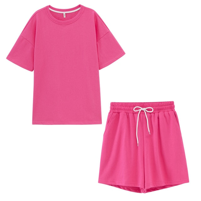 Womens Two Peice Set Cotton Oversized T-shirt and High Waist Shorts