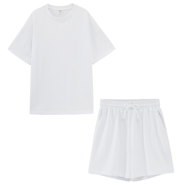 Womens Two Peice Set Cotton Oversized T-shirt and High Waist Shorts