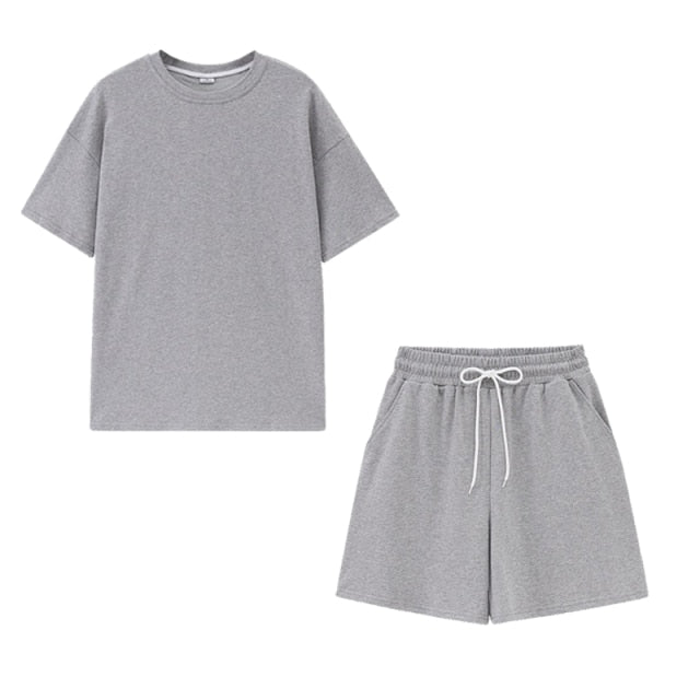 Womens Two Peice Set Cotton Oversized T-shirt and High Waist Shorts