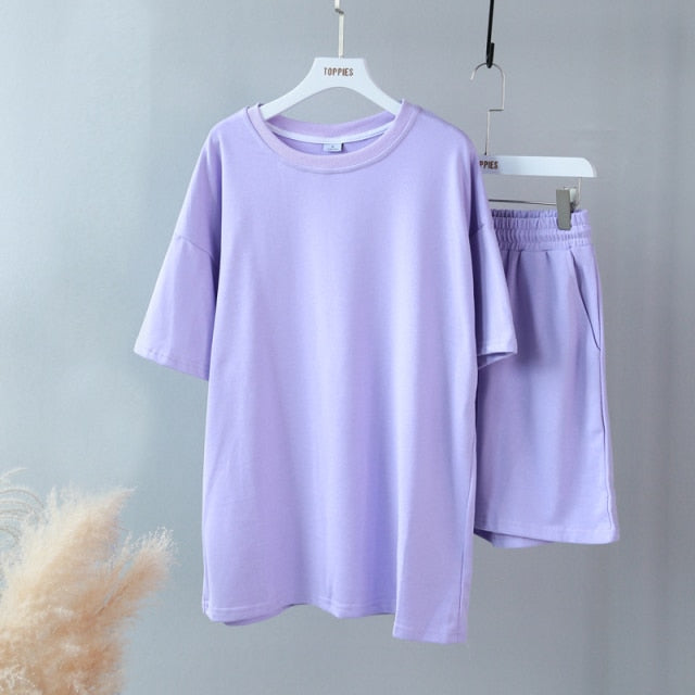 Womens Two Peice Set Cotton Oversized T-shirt and High Waist Shorts