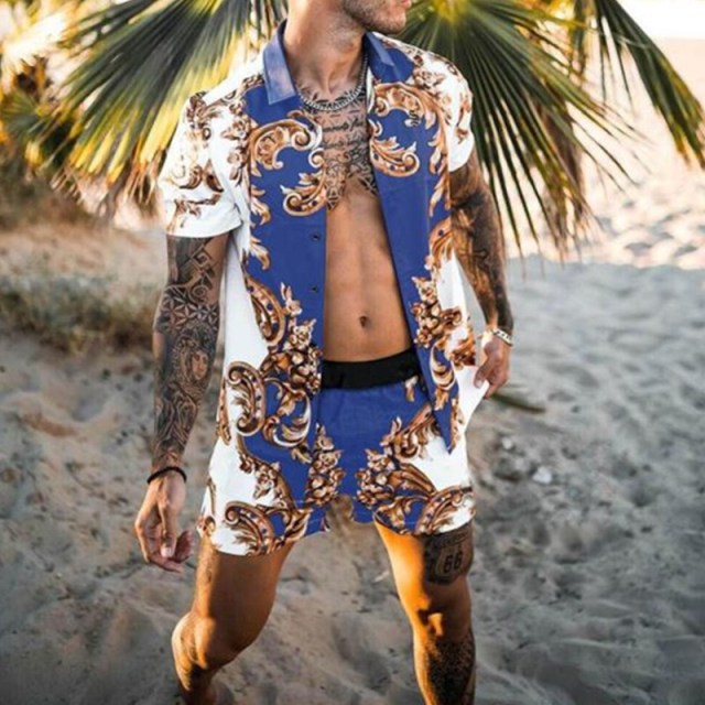 Men Hawaiian Printing 2021Summer Short Sleeve Button Shirt Beach Shorts Streetwear  Mens  Casual Beach Wear Clothes