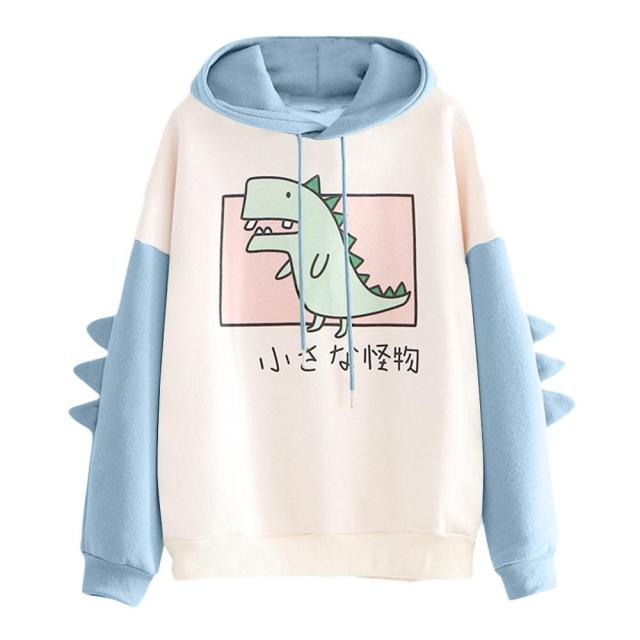 Hoodies Women Fashion Splice Dinosaur Print Sweatshirt Tops Casual Long Sleeve kawaii Clothes ropa mujer толстовка женская топ
