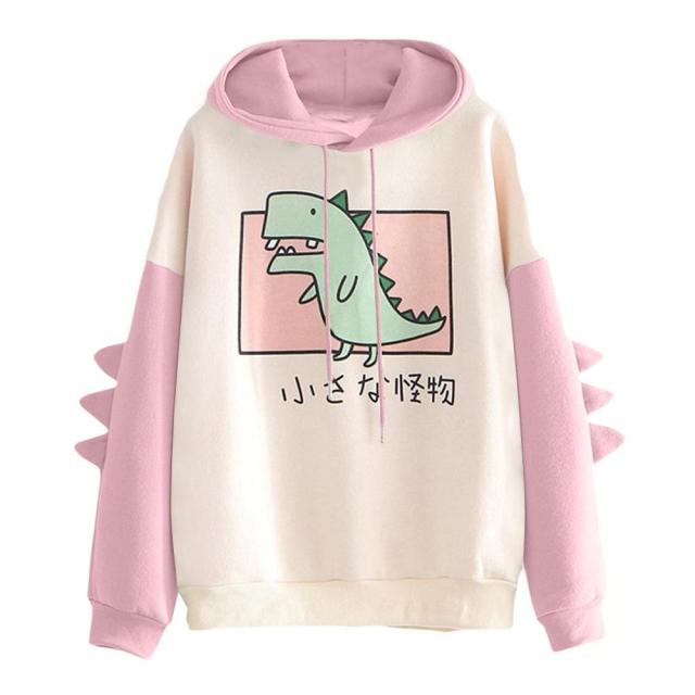 Hoodies Women Fashion Splice Dinosaur Print Sweatshirt Tops Casual Long Sleeve kawaii Clothes ropa mujer толстовка женская топ