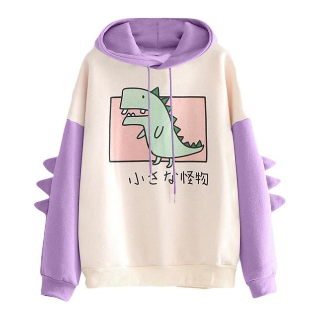 Hoodies Women Fashion Splice Dinosaur Print Sweatshirt Tops Casual Long Sleeve kawaii Clothes ropa mujer толстовка женская топ