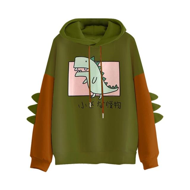 Hoodies Women Fashion Splice Dinosaur Print Sweatshirt Tops Casual Long Sleeve kawaii Clothes ropa mujer толстовка женская топ