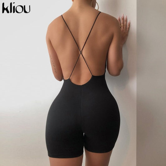 kliou black Skinny Spaghetti Strap sleeveless Street woman Rompers classic bar club Bodycon jumpsuits body femme hot