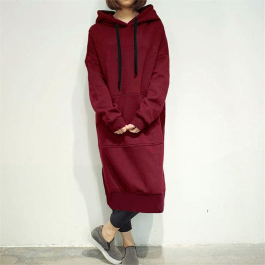 Women Loose Long Hoodie Casual Solid Color Hooded Sweatshirts Student's Autumn Winter Baggy Pullover Oversized Sweatshirt Dress