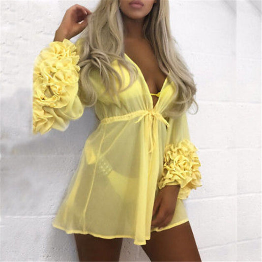 Summer Puff Sleeve Beach Dress Women Beachwear Swimwear Bikini Cover Up Tunic Kaftan Pareo Ladies Boho Robe