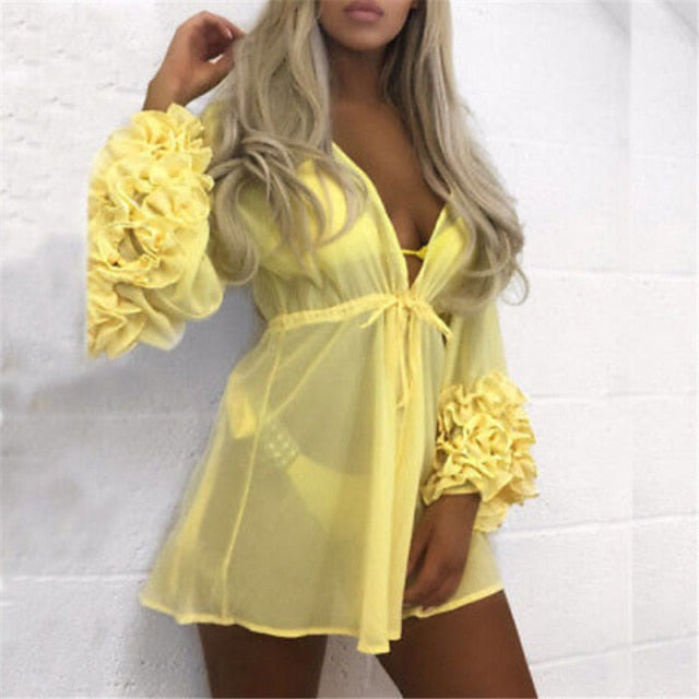 Summer Puff Sleeve Beach Dress Women Beachwear Swimwear Bikini Cover Up Tunic Kaftan Pareo Ladies Boho Robe