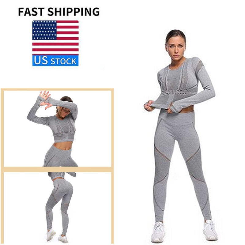 US Stock Yoga Outfit 2Pcs Suit Long Sleeve Legging Exercise Fitness quick dry breathable 4-way stretchable