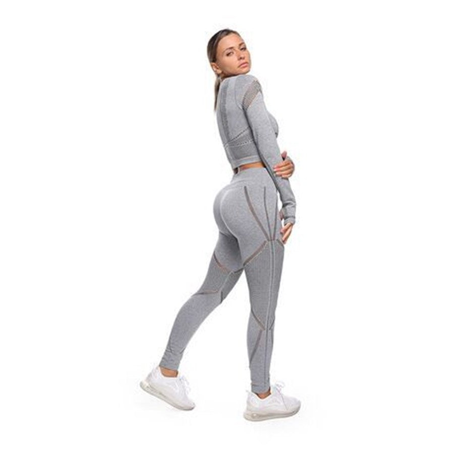 US Stock Yoga Outfit 2Pcs Suit Long Sleeve Legging Exercise Fitness quick dry breathable 4-way stretchable