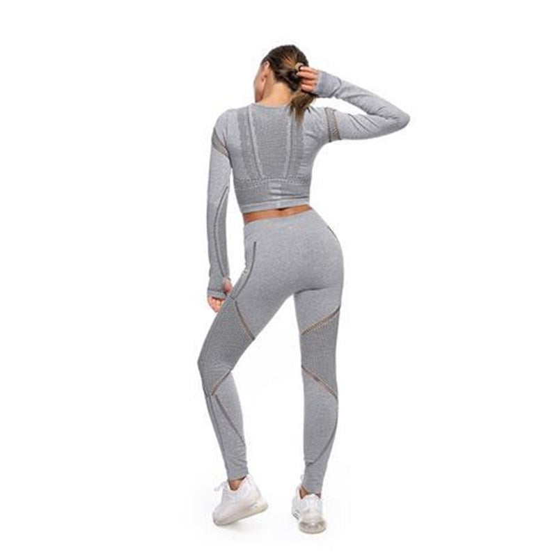 US Stock Yoga Outfit 2Pcs Suit Long Sleeve Legging Exercise Fitness quick dry breathable 4-way stretchable