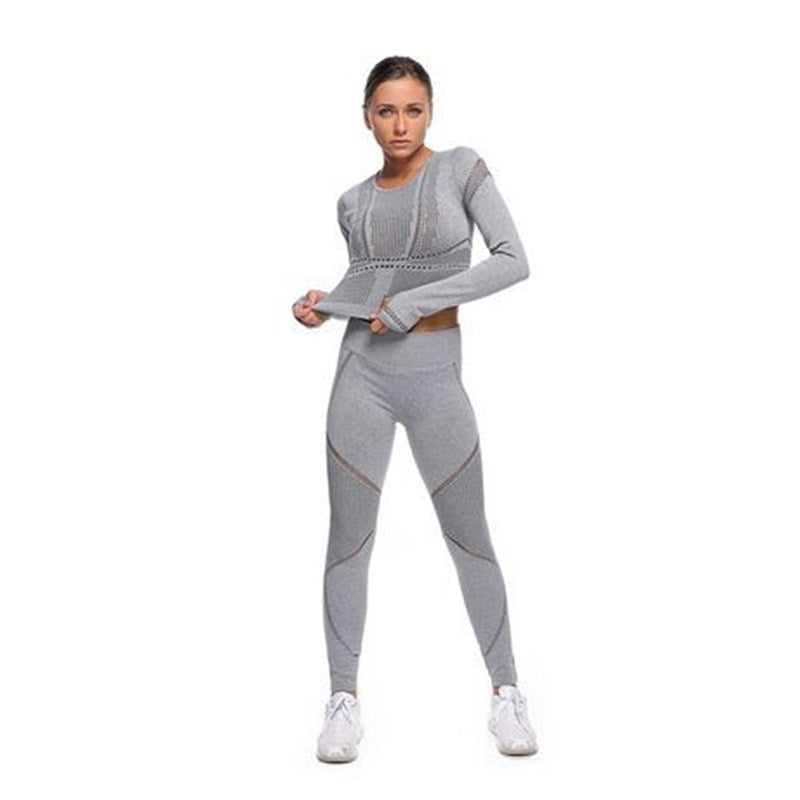 US Stock Yoga Outfit 2Pcs Suit Long Sleeve Legging Exercise Fitness quick dry breathable 4-way stretchable